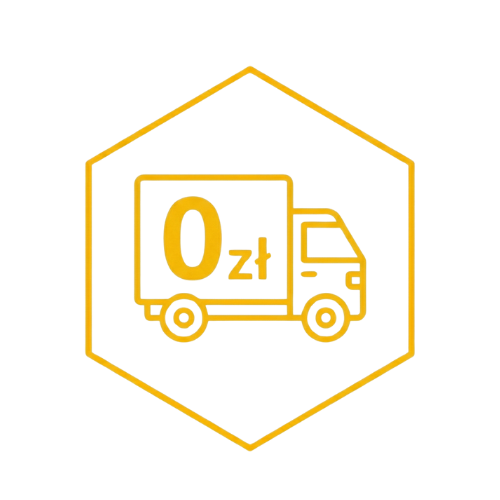 Poznańska Pasieka darmowa dostawa od 250 zł, ikona ciężarówki kurierskiej z napisem 0 zł symbolizująca bezpieczny transport.